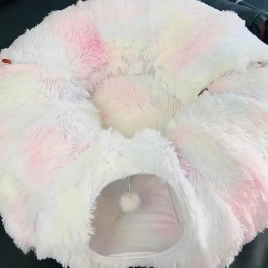 Multifunctional Plush Fluffy Donut Tunnel Cat Bed