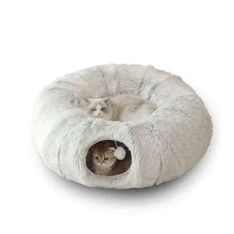 Multifunctional Plush Fluffy Donut Tunnel Cat Bed