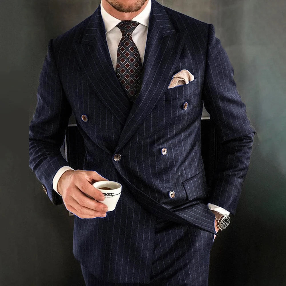 Chic Pinstripe Navy Blue Men 2 Piece Suits
