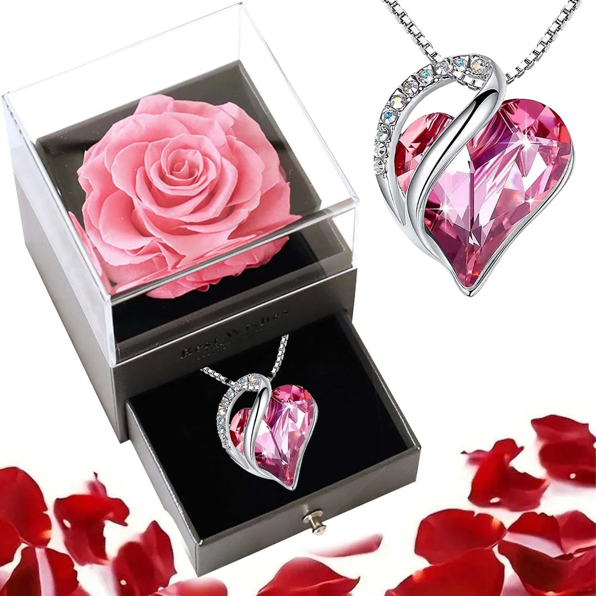Heart Love Necklace & Rose Jewelry Box