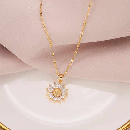 1PCS Gold Necklace Flower Pendant Inlaid Zirconia Titanium Steel Chain