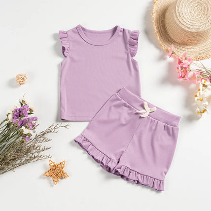 New Girls Solid Sets Casual Sleeveless Tops+ Short Pants Suits