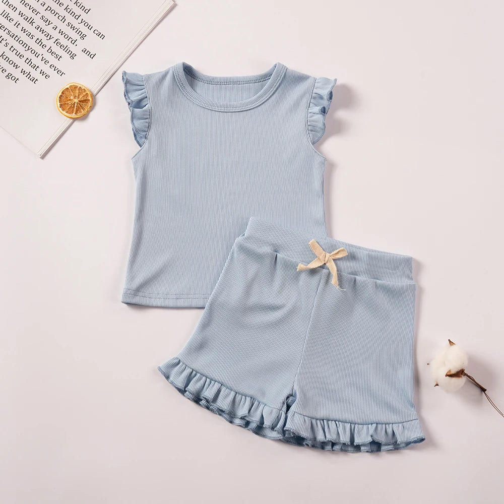 New Girls Solid Sets Casual Sleeveless Tops+ Short Pants Suits