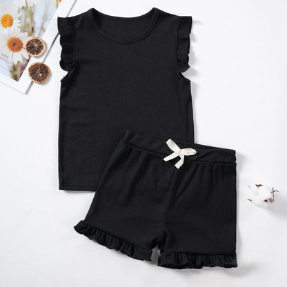 New Girls Solid Sets Casual Sleeveless Tops+ Short Pants Suits