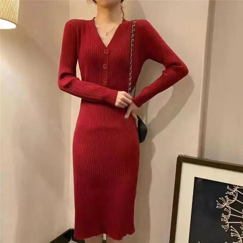 V-Neck Patchwork Fried Dough Twists Pattern Long Knit Dress
