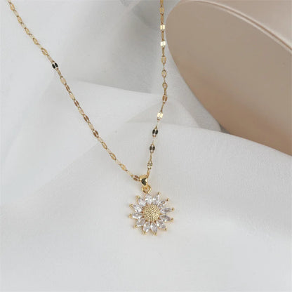 1PCS Gold Necklace Flower Pendant Inlaid Zirconia Titanium Steel Chain