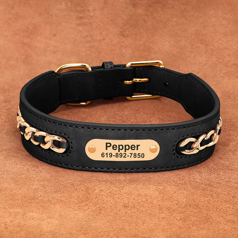 Personalized ID Tag Nameplate Custom Leather Dog Collar