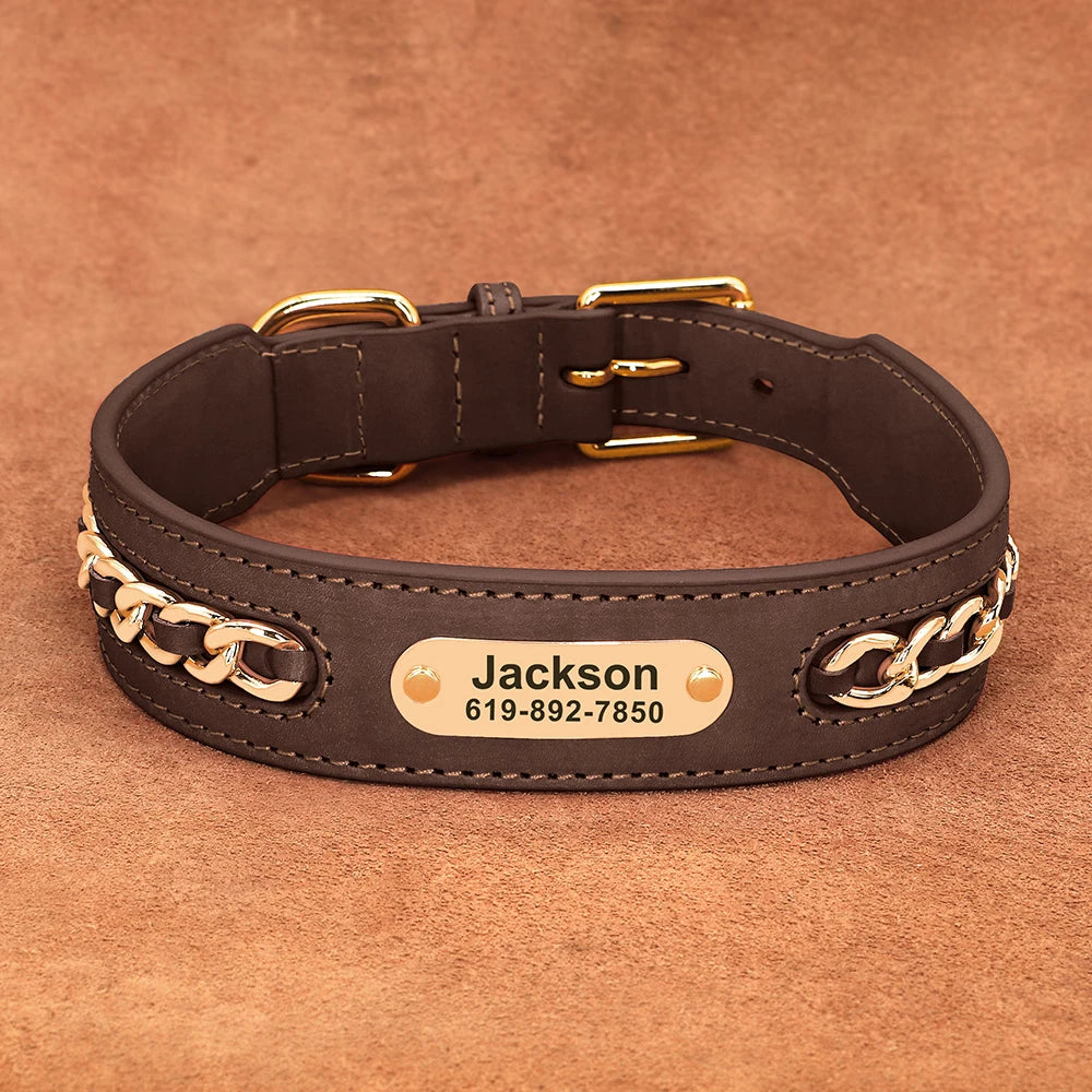 Personalized ID Tag Nameplate Custom Leather Dog Collar