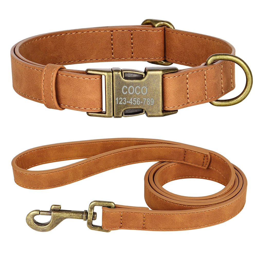 Personalized PU Leather Dog Buckle Collar With Leash