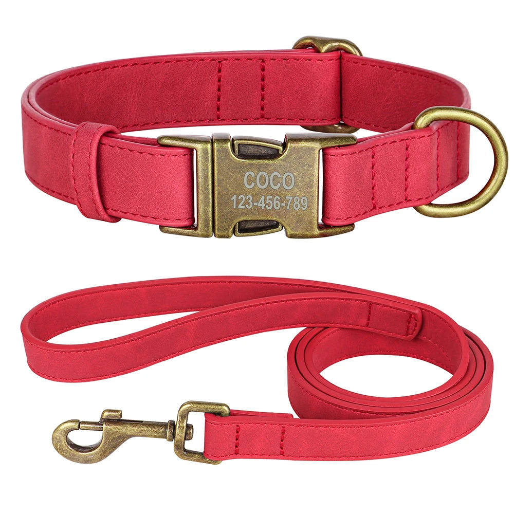 Personalized PU Leather Dog Buckle Collar With Leash