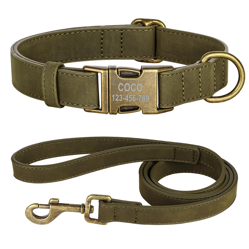 Personalized PU Leather Dog Buckle Collar With Leash