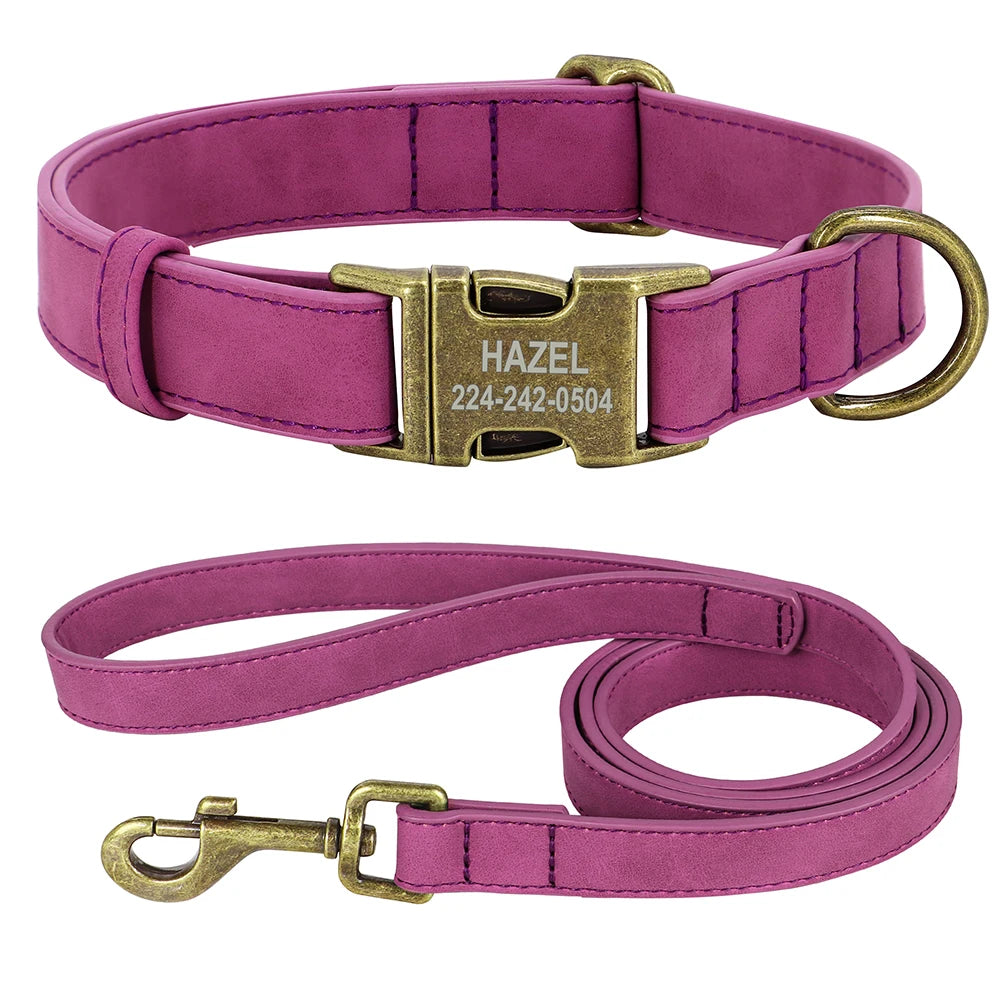 Personalized PU Leather Dog Buckle Collar With Leash