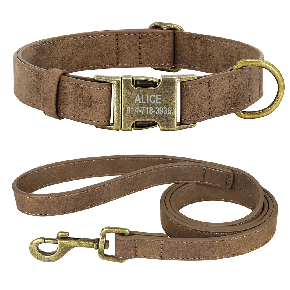 Personalized PU Leather Dog Buckle Collar With Leash