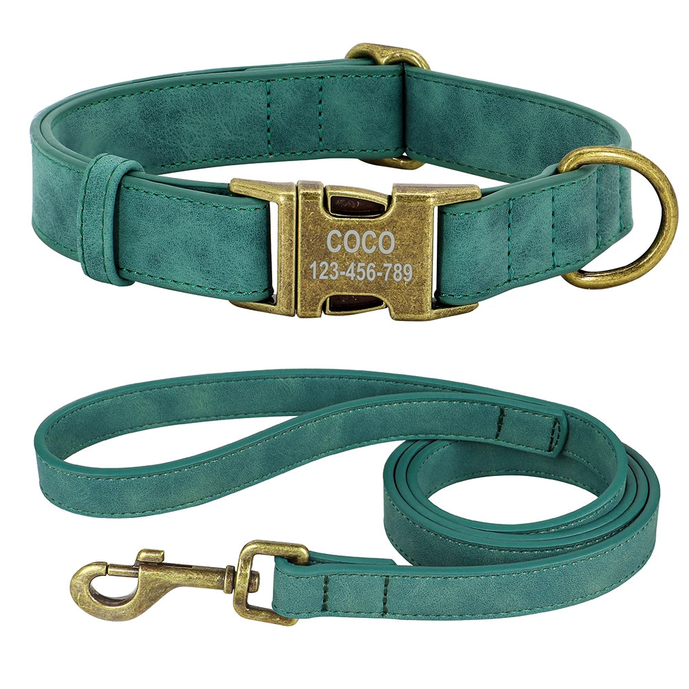 Personalized PU Leather Dog Buckle Collar With Leash