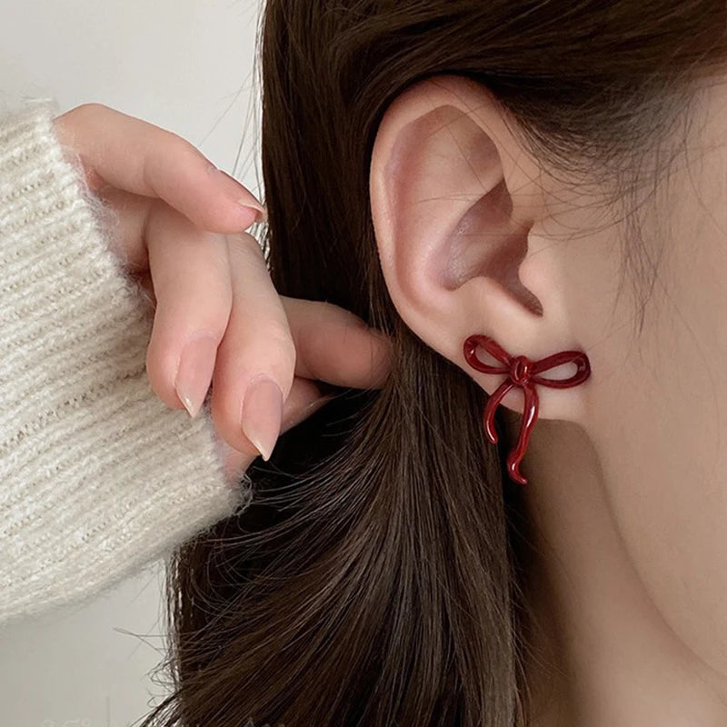 Retro Red Bowknot Stud Earrings for Women
