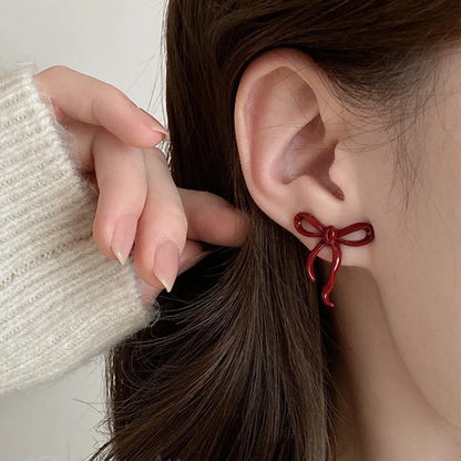 Retro Red Bowknot Stud Earrings for Women