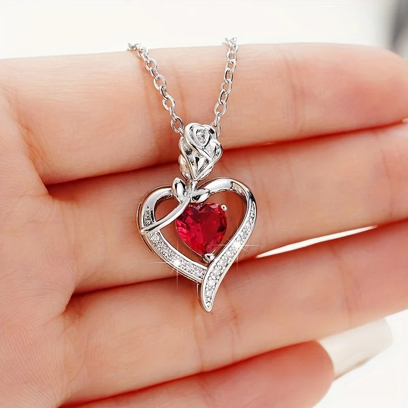 Valentine Gift Luxury Red Heart Necklace With Rose Gift Box