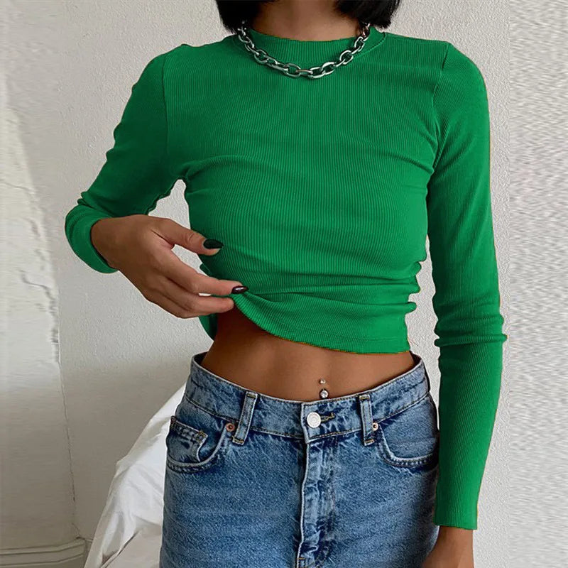 Ribbed Neck Sexy Cropped Long Sleeve T Shirt