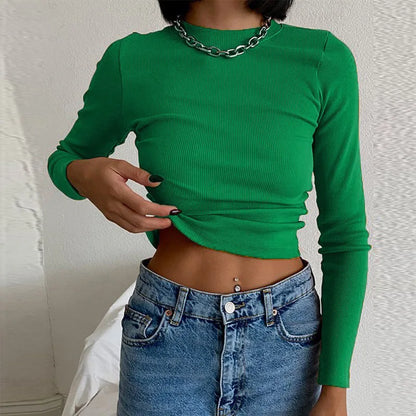 Ribbed Neck Sexy Cropped Long Sleeve T Shirt