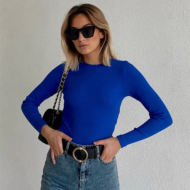 Ribbed Neck Sexy Cropped Long Sleeve T Shirt