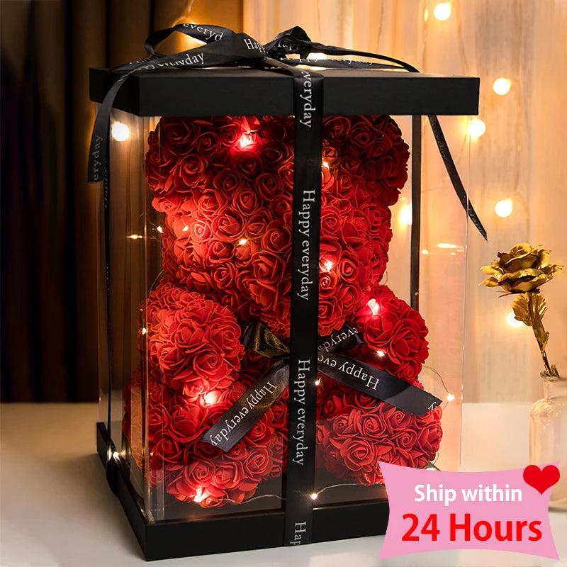 Valentine Gifts Decoration Rose Bear Artificial Flower With Box Lights Teddy Bear