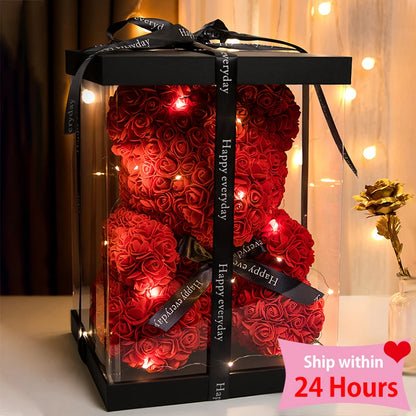 Valentine Gifts Decoration Rose Bear Artificial Flower With Box Lights Teddy Bear