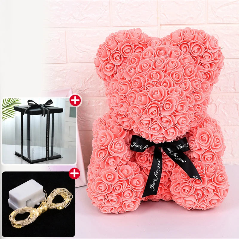 Valentine Gifts Decoration Rose Bear Artificial Flower With Box Lights Teddy Bear