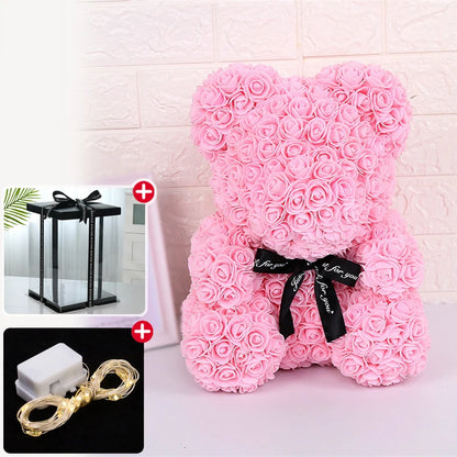Valentine Gifts Decoration Rose Bear Artificial Flower With Box Lights Teddy Bear