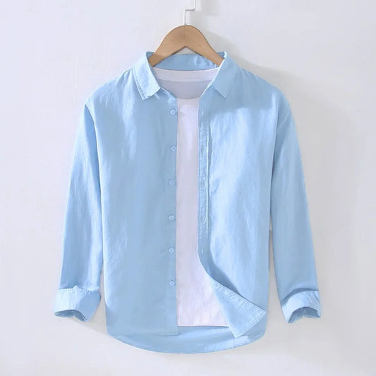 Men's Long Sleeve Cotton Linen Turn Down Collar Shirt