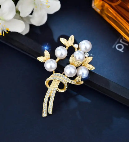 Golden Tulip Flower Pearl Brooch for Women – CZ Rhinestone Crystal Metal Pin