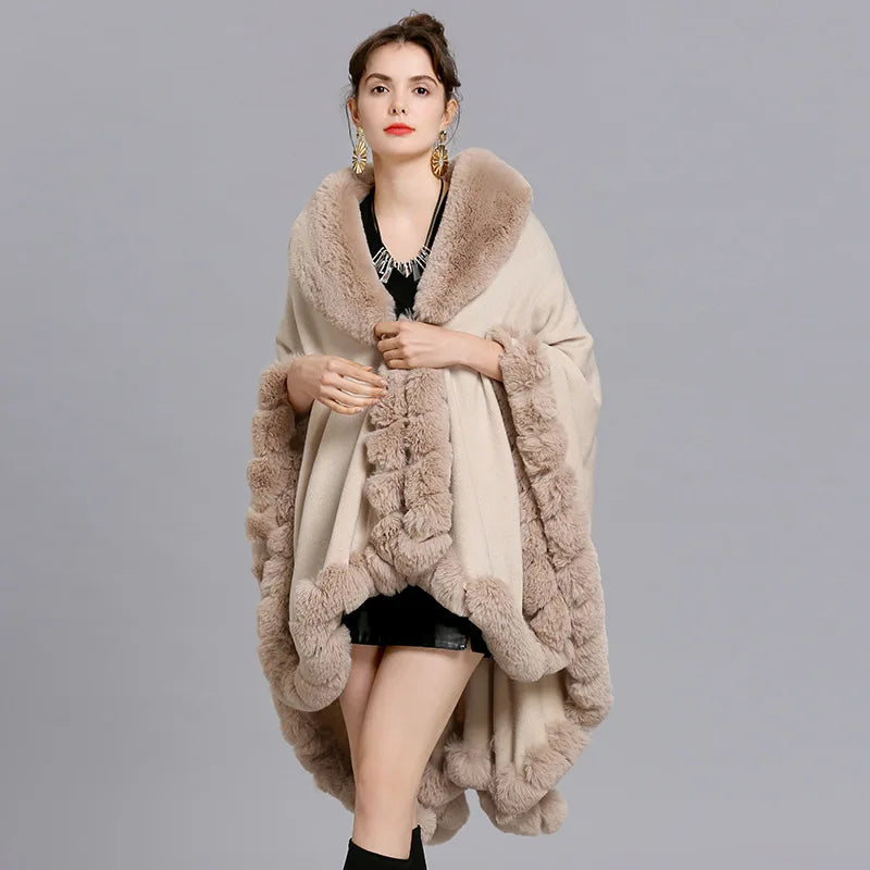 Women's Winter Plaid Hooded Fur Collar Shawl
