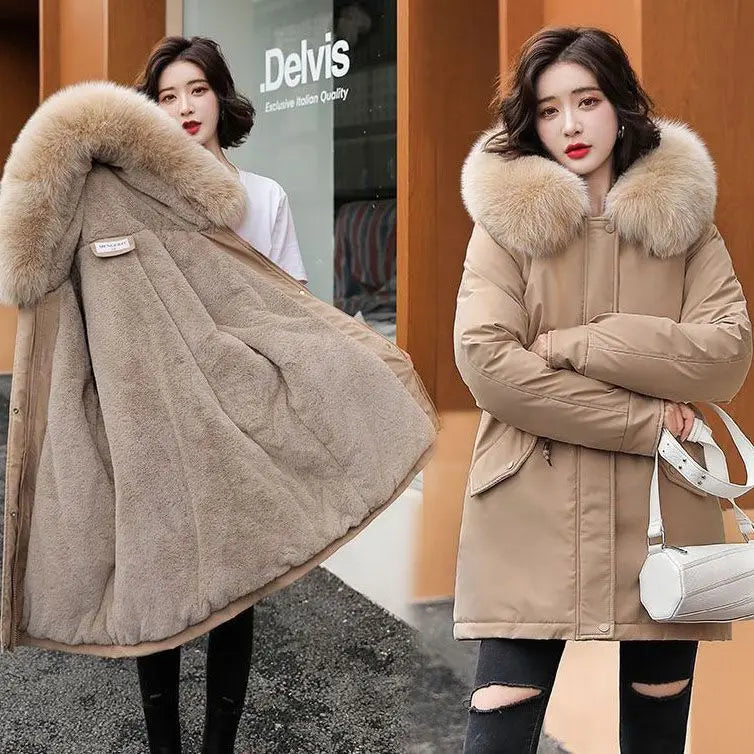 Langer Damenparka – Dicker Samt-Wintermantel