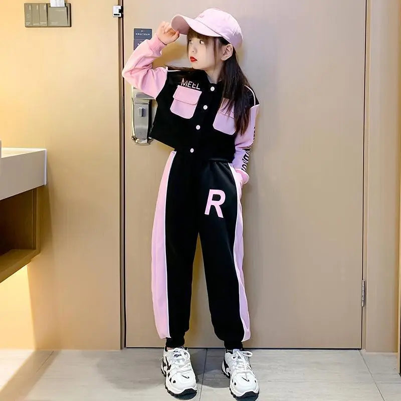 Junior Girls Baseball Suit with Lapel Jacket and Casual Long Pants