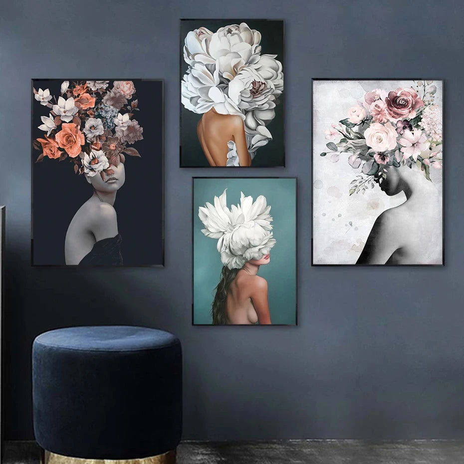 Abstrakte Frauen- und Blumen-Leinwand-Kunstgemälde