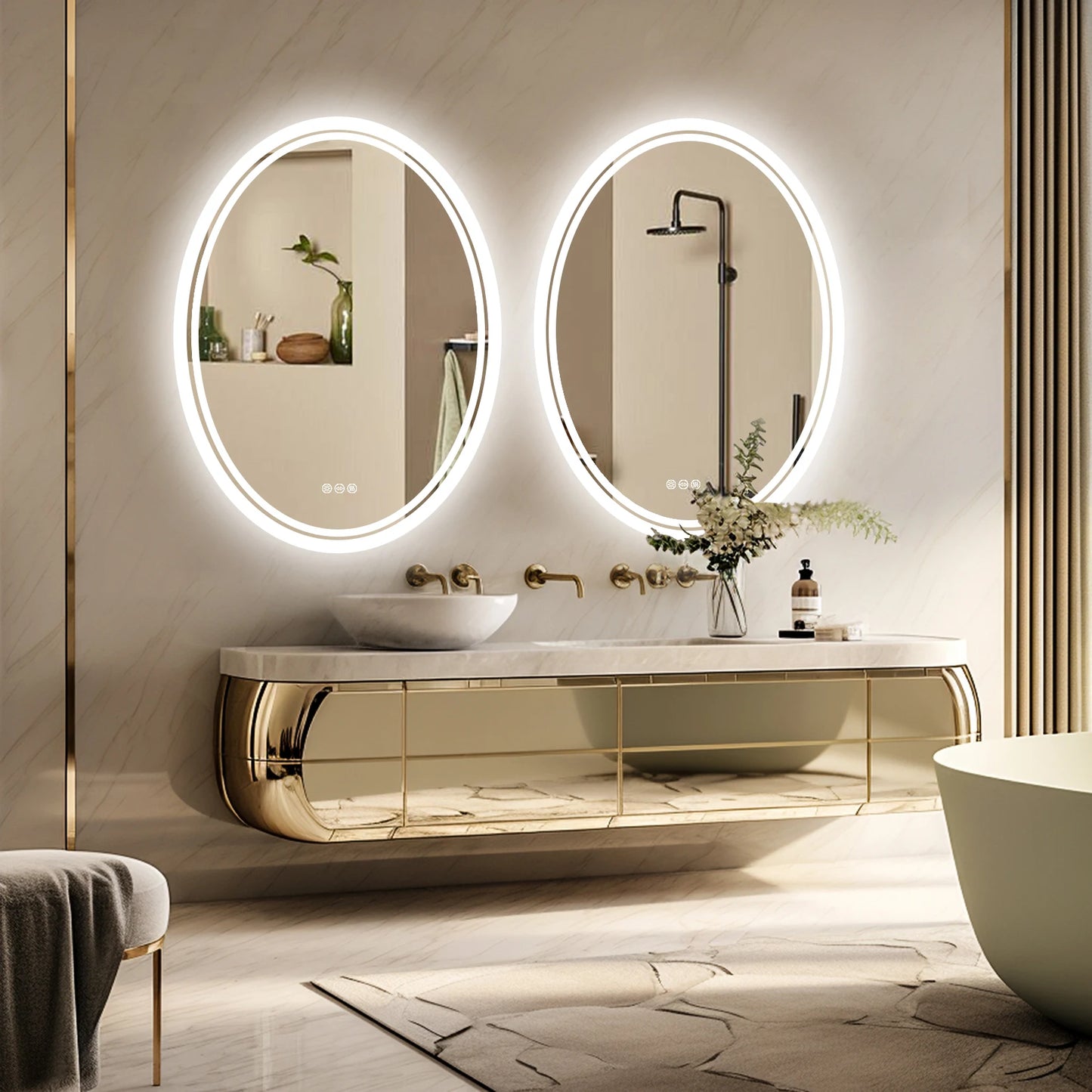 Miroir de salle de bain ovale à LED avec éclairage antibuée et à intensité variable