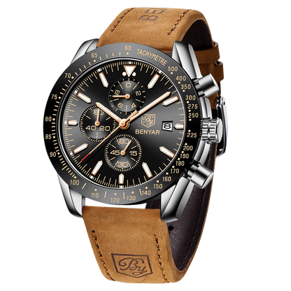 Montre chronographe à quartz pour homme – Montre-bracelet analogique étanche avec bracelet en cuir