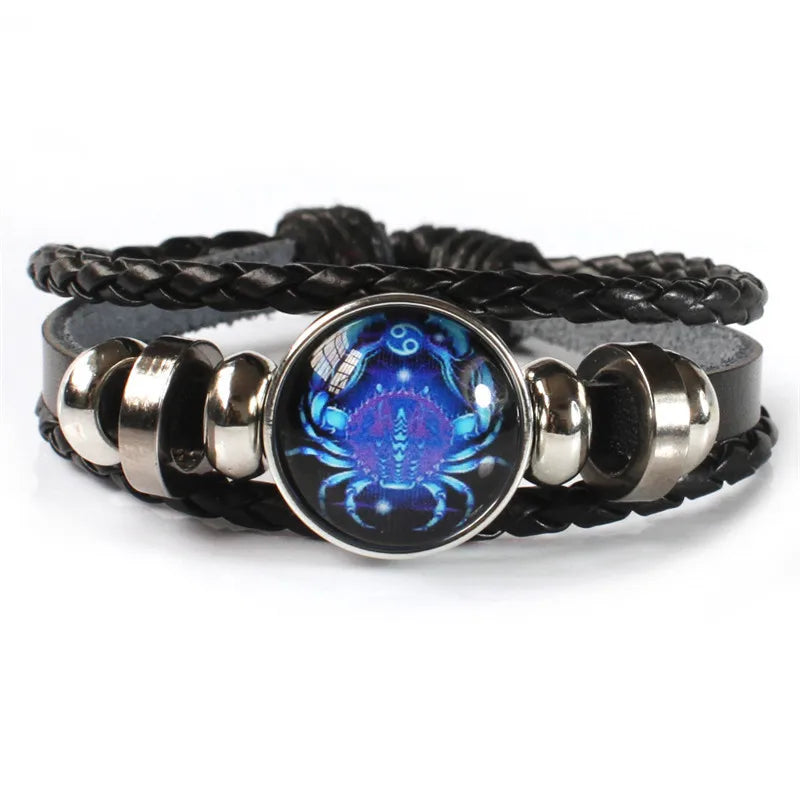 Unisex-Armband mit den 12 Sternzeichen – Leuchtendes, mehrlagiges Lederarmband mit Anhängern