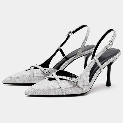 Women's Denim Strap Buckle Pointed Toe Pumps