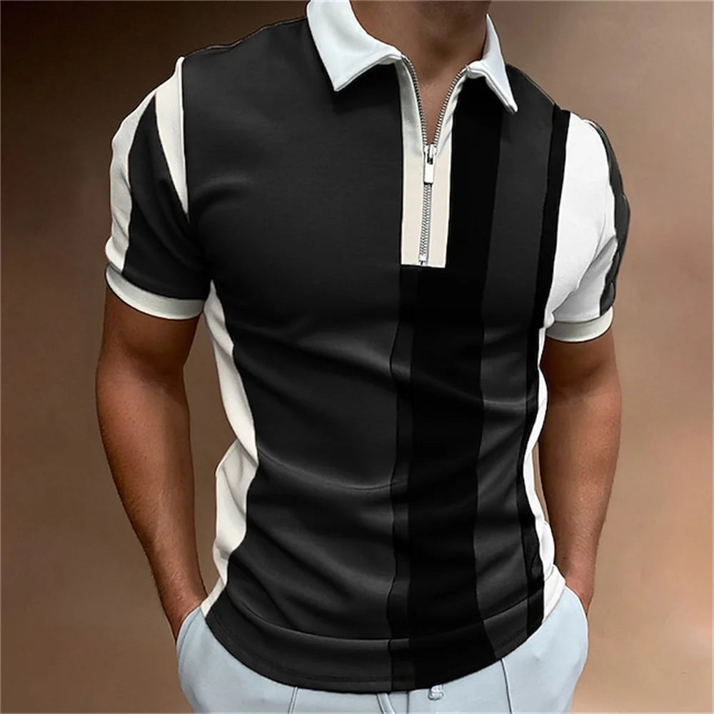 Men Zipper Striped Turn Down Collar Shirt