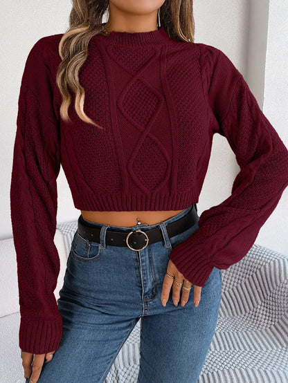 Lässiger, kurzer Strickpullover für Damen – Unifarbenes Langarm-Strickoberteil