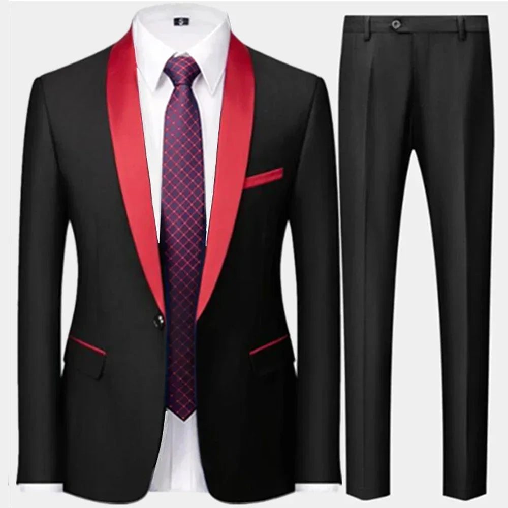 3 Pieces Set Men's Business Blazers Coat - Slim Fit Color Matching Collar Suit Jacket Pants Vest