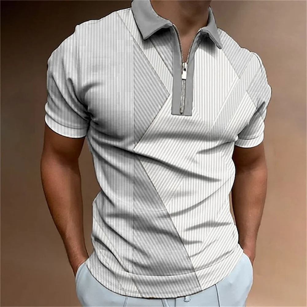 Men Zipper Striped Turn Down Collar Shirt
