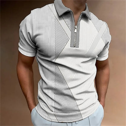 Men Zipper Striped Turn Down Collar Shirt