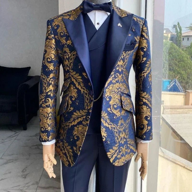 Men's Double Breasted Black Gold Jacquard Wedding Suits