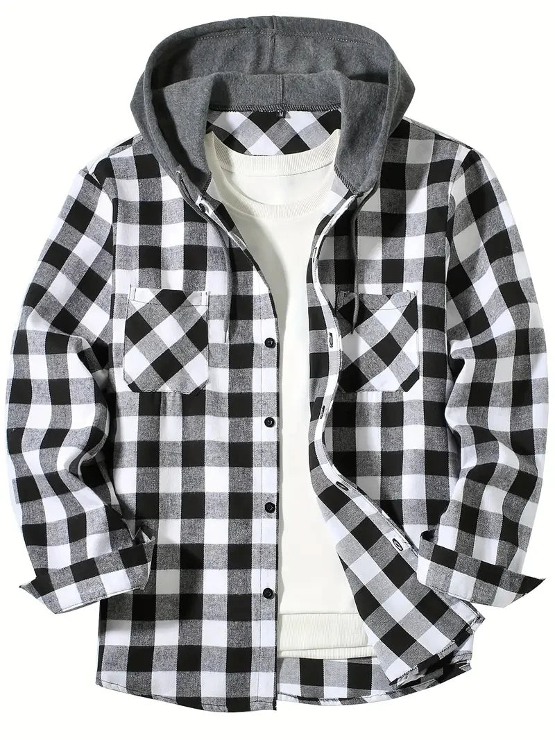 Men's Double Pockets Plaid Hooded Flannel Shirt Jacket