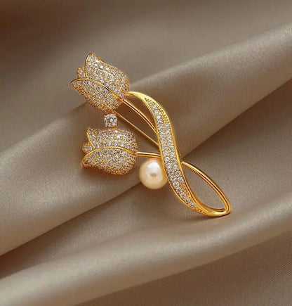 Golden Tulip Flower Pearl Brooch for Women – CZ Rhinestone Crystal Metal Pin