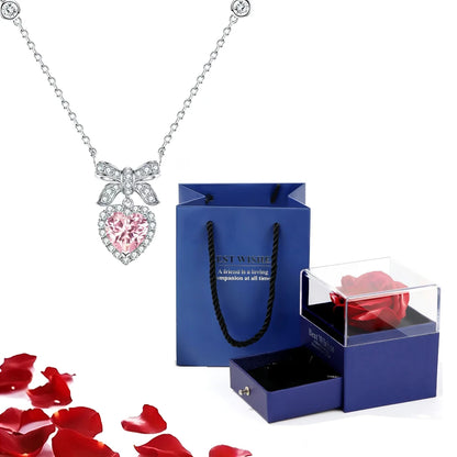 Valentinstag Geschenk Luxus rote Herz Halskette mit Rose Geschenkbox