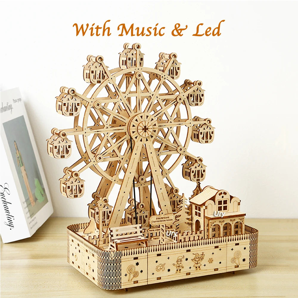 Ury 3D Wooden Puzzles Led Rotatable Ferris Wheel Music Octave Box Toy for Kid