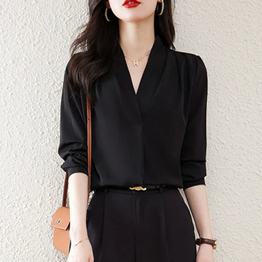 Women's V-Neck Chiffon Long Sleeve Blouse