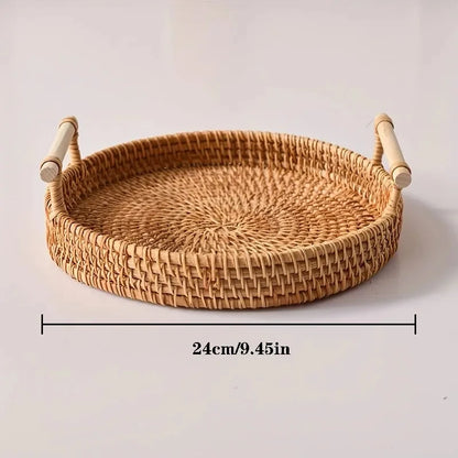 Handwoven Rattan Wicker Basket Tray – Eco-Friendly Food Serving & Storage Basket with Handles